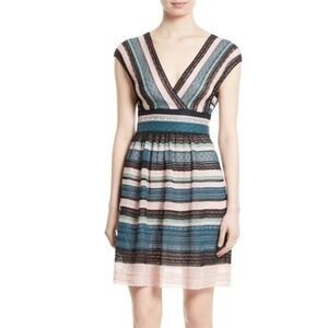 Missoni Metallic Ribbon Lace V-Neck Teal Pink Black Flouncy Dress, Size 42, NEW